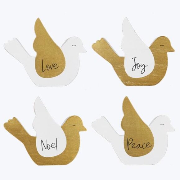 Wood Dove-Shaped Tabletop Signs: Radiant Gold or Elegant White; Seasonal Words - Picture 1 of 1
